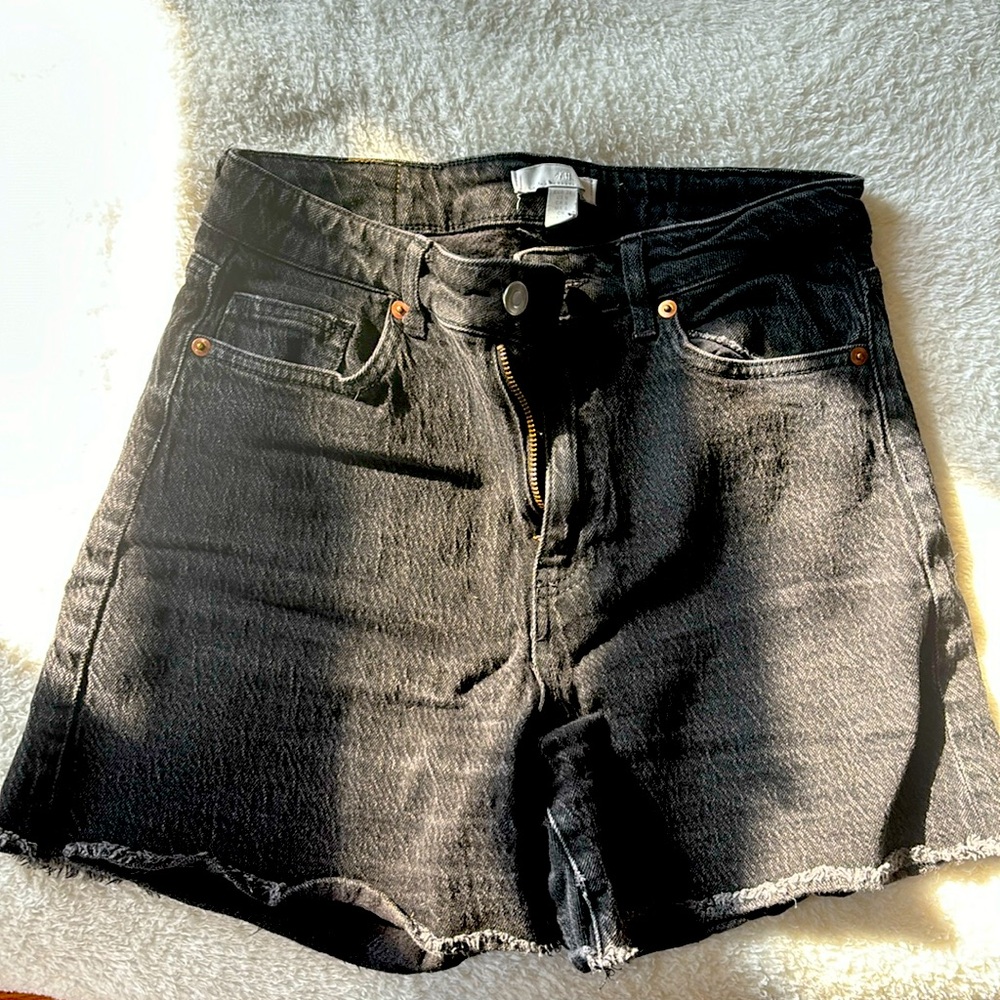 H&M High Waist Washed Black Denim Shorts